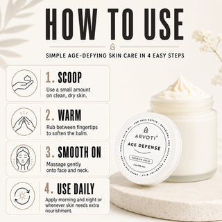 Instructional graphic titled 'HOW TO USE' showing four steps for skincare balm application, alongside a jar of Arvoti Age Defense Premium Balm with its lid off and a dollop of white balm on a stone pedestal.