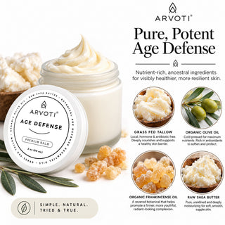 Arvoti Age Defense Premium Balm jar and lid on a white background with supporting product imagery and text. It highlights the ingredients in the balm such as grass fed tallow, organic olive oil, organic frankincense oil and raw shea butter.