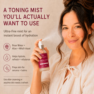 A woman holds a bottle of Arvoti Toning Mist while spraying it. The image features promotional text on the left detailing the benefits of the mist. Rose water +Aloe + witch hazel. Helps hydrate refresh and rebalance the skin. Preps skin for serums and balms.