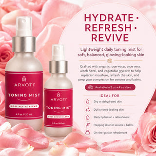 Two ARVOTI Toning Mist bottles, 4 oz and 2 oz, with rose pink labels and silver caps, displayed with pink roses. Crafted with organic rose water, aloe vera, witch hazel nd vegetable glycerin to help replenish moisture. 